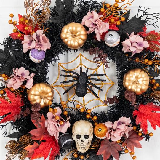24" Artificial Halloween Wreath with Skulls, Spiders and Pumpkins